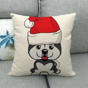 Detailed texture of linen fabric Christmas cushion cover with festive cartoon husky puppy