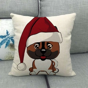 Close-up of a Christmas Shiba Inu linen pillowcase resting on a soft grey sofa