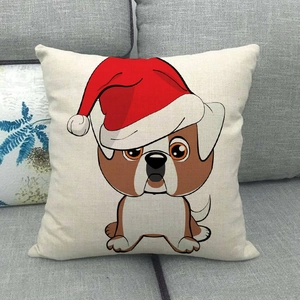 Detail of Christmas cartoon dog pattern on linen pillow cover for holiday home decoration