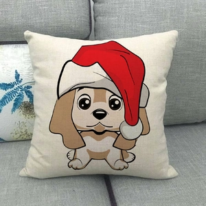 Detailed texture of linen cushion cover with cartoon dog wearing a red Christmas hat