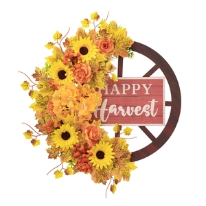 Ghirlanda autunnale con girasoli, ruota in legno, acero e scritta Happy Harvest