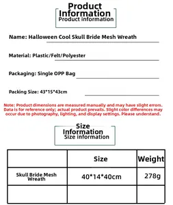Detailed size chart for the skeleton bride mesh wreath showing dimensions and weight