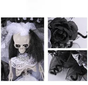Close-up of Halloween skeleton bride with lace veil, black roses and spider pattern