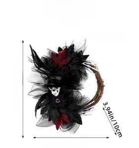 Détails de la couronne d'Halloween avec crâne, roses noires et dimensions indiquées