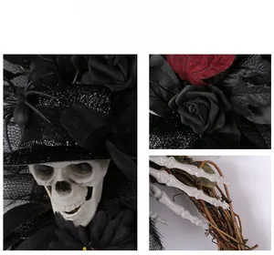 Détail couronne d'Halloween avec crâne en haut-de-forme, roses noires et mains d'os