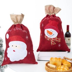 Two-pack red burlap Christmas gift bags with Santa and Snowman embroidery and drawstrings