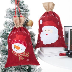 Christmas burlap gift bags with Santa and Snowman embroidery and drawstring closure