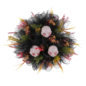 Halloween horror wreath with black mesh veil, spiders and bloody doll heads for party decor