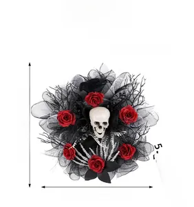 Detail view of a Halloween wreath with white skull, red roses, and black mesh detailing