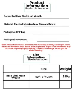 Size chart showing material details and dimensions for Halloween red rose skull wreath