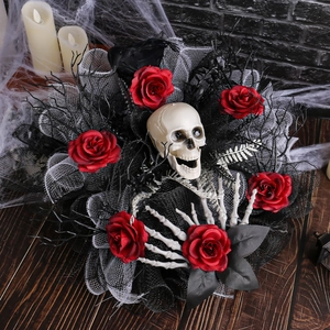 Halloween skull wreath with red roses and black mesh for spooky party door decoration