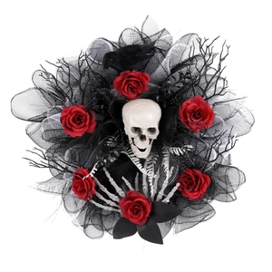 Halloween wreath with skull, red roses, and black crow on a dark gothic mesh door hanger