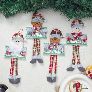 Set of 4 Christmas ornaments featuring Santa, snowman, reindeer, and bear with Navidad signs