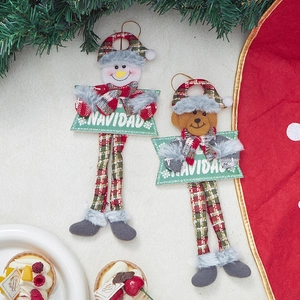 Plush Christmas long leg snowman and bear ornaments with Navidad signs on white background
