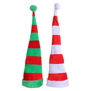 Longs chapeaux de lutin de Noël rayés rouge vert et rouge blanc avec bord en peluche
