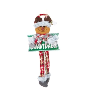 Christmas reindeer plush decoration with plaid hat and Feliz Navidad sign on white background