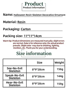 Tableau des tailles détaillé pour squelettes d'Halloween en résine avec poids et mesures