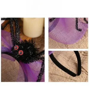 Détails du serre-tête araignée Halloween avec tulle violet et texture d'araignée en peluche