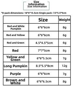 Detailed size chart showing dimensions and weight for eight artificial foam pumpkin styles