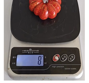 Macro detail of a 8g artificial red pumpkin with yellow spots on a digital scale