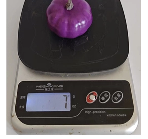 Miniature purple foam pumpkin showing 7g weight measurement on a digital scale