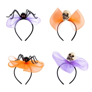 Serre-tête Halloween avec araignées en peluche et crânes avec nœuds en résille