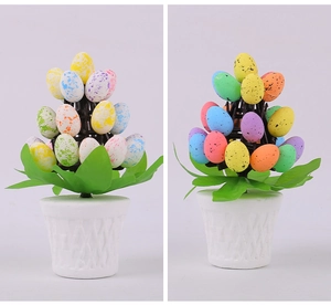 Easter egg bonsai featuring colorful speckled eggs and realistic green leaves in white pots