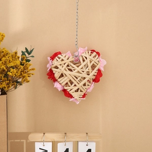 Handmade heart-shaped rattan wreath with red and pink roses for wall decoration