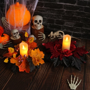Halloween Candle Ring Wreath Faux Maple Leaves Roses Berries Desktop Decoration Party Table Autumn Gothic Spooky