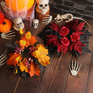 Halloween candle ring with maple leaves and red roses for gothic table decoration