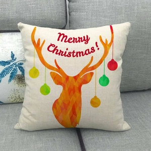 Linen Christmas pillow case with reindeer head silhouette and colorful ornaments for sofa decor
