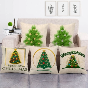 Set of 5 Christmas tree linen pillow cases for sofa decor with green festive patterns