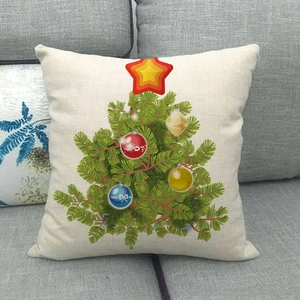 Macro detail of Christmas tree linen pillowcase featuring colorful festive ball ornaments