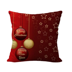 Red linen Christmas cushion cover with golden stars and Merry Christmas holiday print