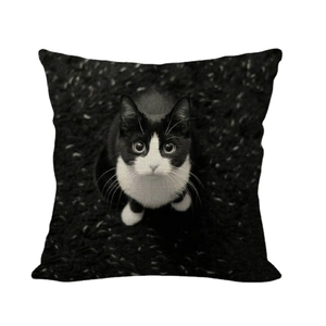 Linen square throw pillow cover featuring a realistic black and white cat print on white