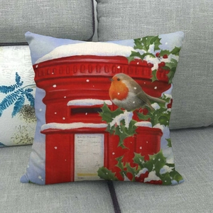 Christmas robin bird on a red mailbox print linen pillowcase on grey sofa decor