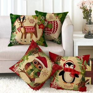 Fodera per Cuscino in Lino con Animali dei Cartoni Animati di Natale Renna Orso Polare Gufo Pinguino Decorativa per Divano Casa Vacanze