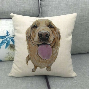 Λινή θήκη μαξιλαριού με πορτρέτο Golden Retriever σε γκρι καναπέ για διακόσμηση