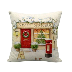Christmas post office linen pillow cover with festive hand-drawn illustration