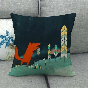 Detail of Nordic fox illustration on linen cushion placed on a grey fabric sofa