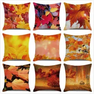Nine autumn-themed linen pillow covers featuring pumpkins and fall harvest leaves