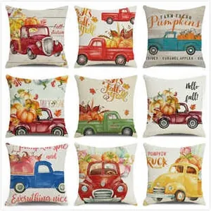 Detail of nine autumn decorative pillow covers with pumpkin and maple leaf prints