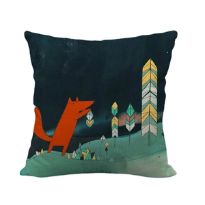 Cartoon fox linen throw pillow cover with autumn forest illustration on blue background