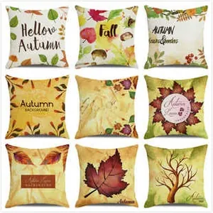 Nine-piece set of linen autumn pillow covers featuring maple leaves and pumpkins design