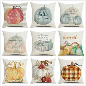 Detail of nine autumn pumpkin and maple leaf pillow covers with cotton linen texture