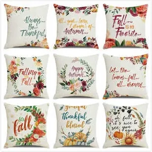 Detailed grid of nine autumn linen pillow covers with pumpkin and floral prints