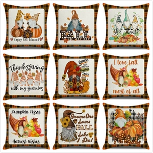 Detail view of 9-piece pumpkin and gnome autumn harvest linen pillow cover set