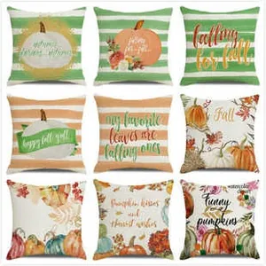 Detailed grid of nine autumn linen pillow covers with watercolor pumpkins and maple leaves