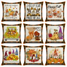 Detailed grid of 9 fall-themed linen pillow covers with gnomes and pumpkin prints