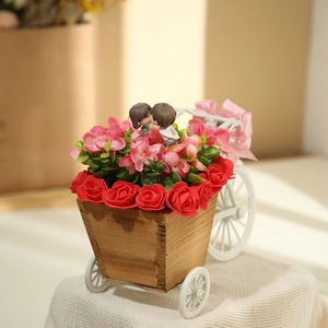 Decorative artificial red rose tricycle ornament with miniature kissing couple for home gifts